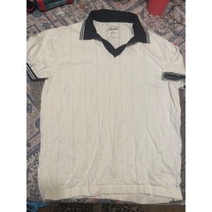 Hollister Mens White Textured Knit Polo Shirt Navy Trim V-Neck Short Sleeve M